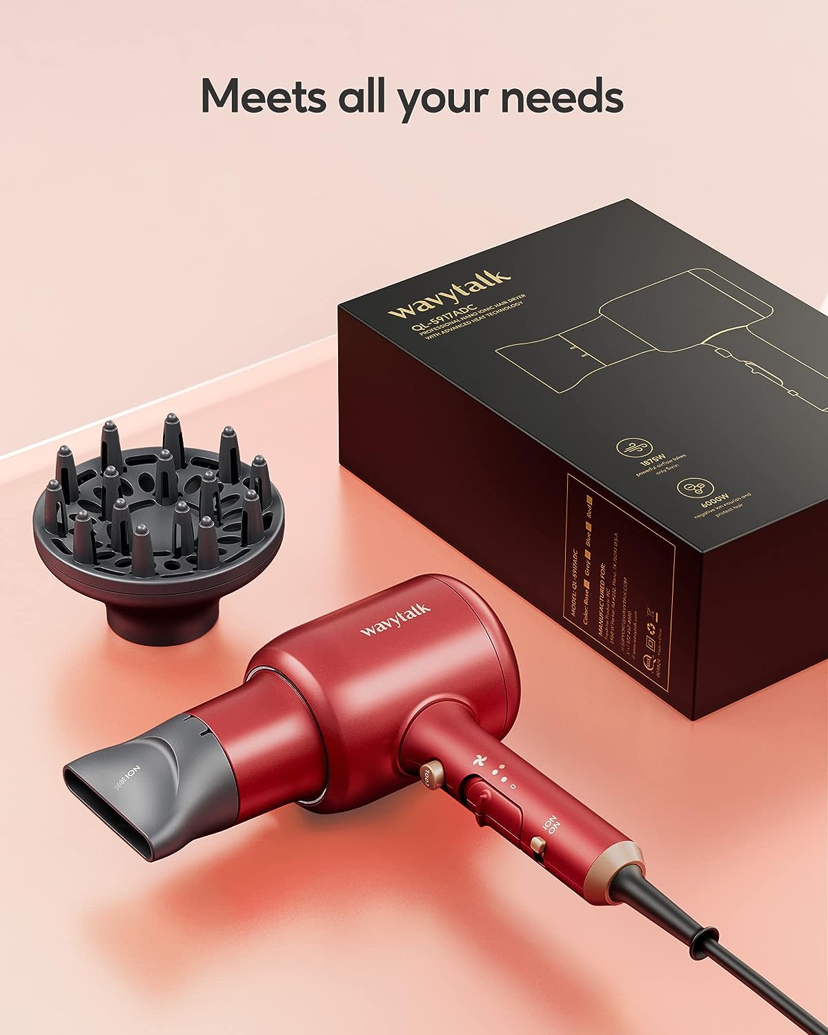 Wavytalk 1875W Ionic Salon Hair Dryer with Diffuser Professional Blow Dryer for Curly Hair with Ceramic Technology Fasting Drying Light and Quiet, Red