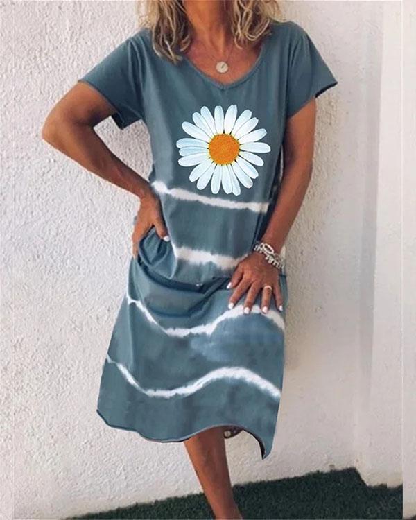 women flower stripe v neck short sleeve midi dress