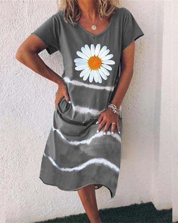 women flower stripe v neck short sleeve midi dress