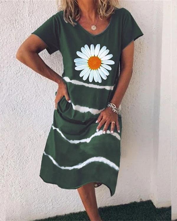 women flower stripe v neck short sleeve midi dress