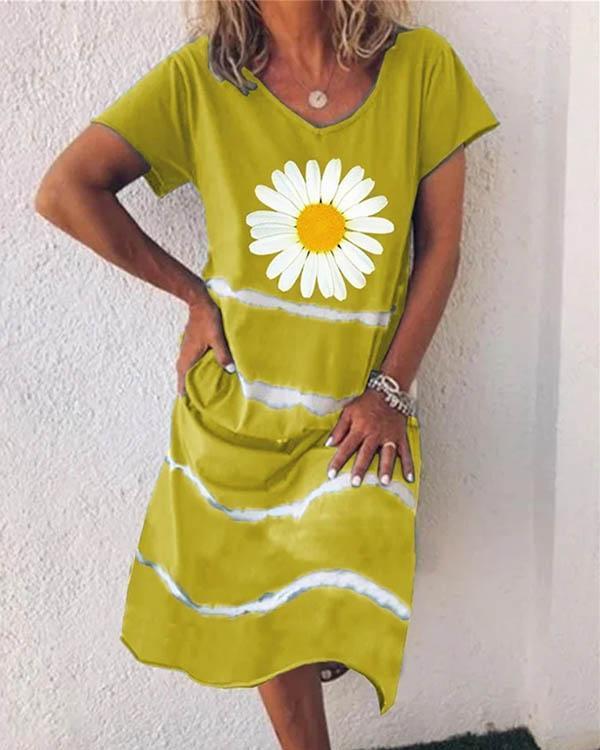 women flower stripe v neck short sleeve midi dress