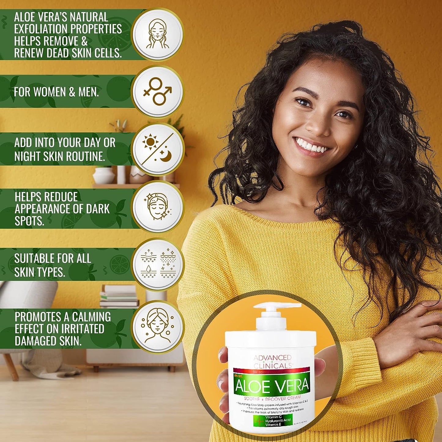 Advanced Clinicals Aloe Vera, Vitamin C & Hyaluronic Acid Face & Body Cream, Moisturizing Lotion for Dry & Sun-Damaged Skin, 16 Oz
