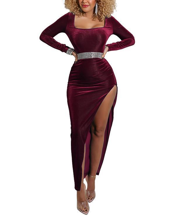 women square neck high slit gold velvet dress s-xxl
