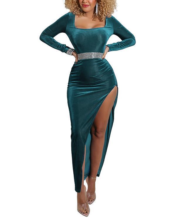 women square neck high slit gold velvet dress s-xxl