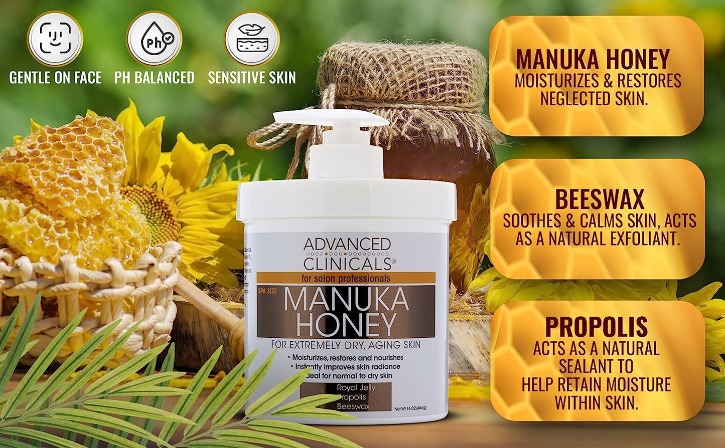 Advanced Clinicals Vitamin C & Manuka Honey Moisturizer Set - Anti Aging Body & Face Creams for Dry Skin, Wrinkles, 16 Oz (2-Pack)