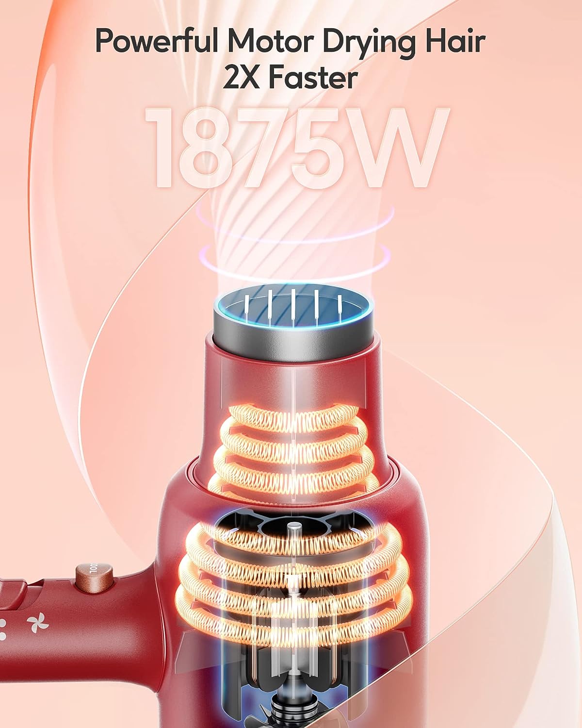 Wavytalk 1875W Ionic Salon Hair Dryer with Diffuser Professional Blow Dryer for Curly Hair with Ceramic Technology Fasting Drying Light and Quiet, Red