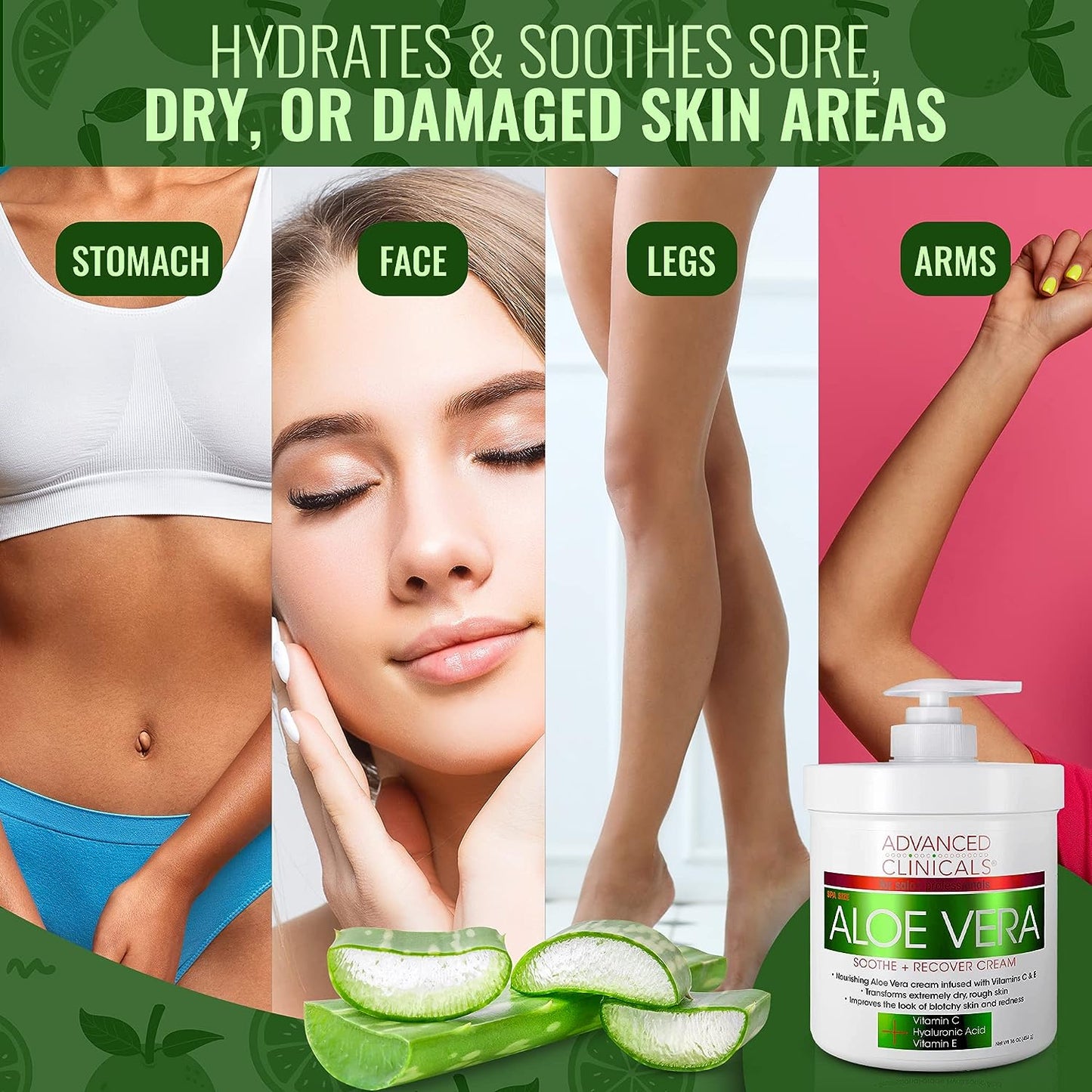 Advanced Clinicals Aloe Vera, Vitamin C & Hyaluronic Acid Face & Body Cream, Moisturizing Lotion for Dry & Sun-Damaged Skin, 16 Oz