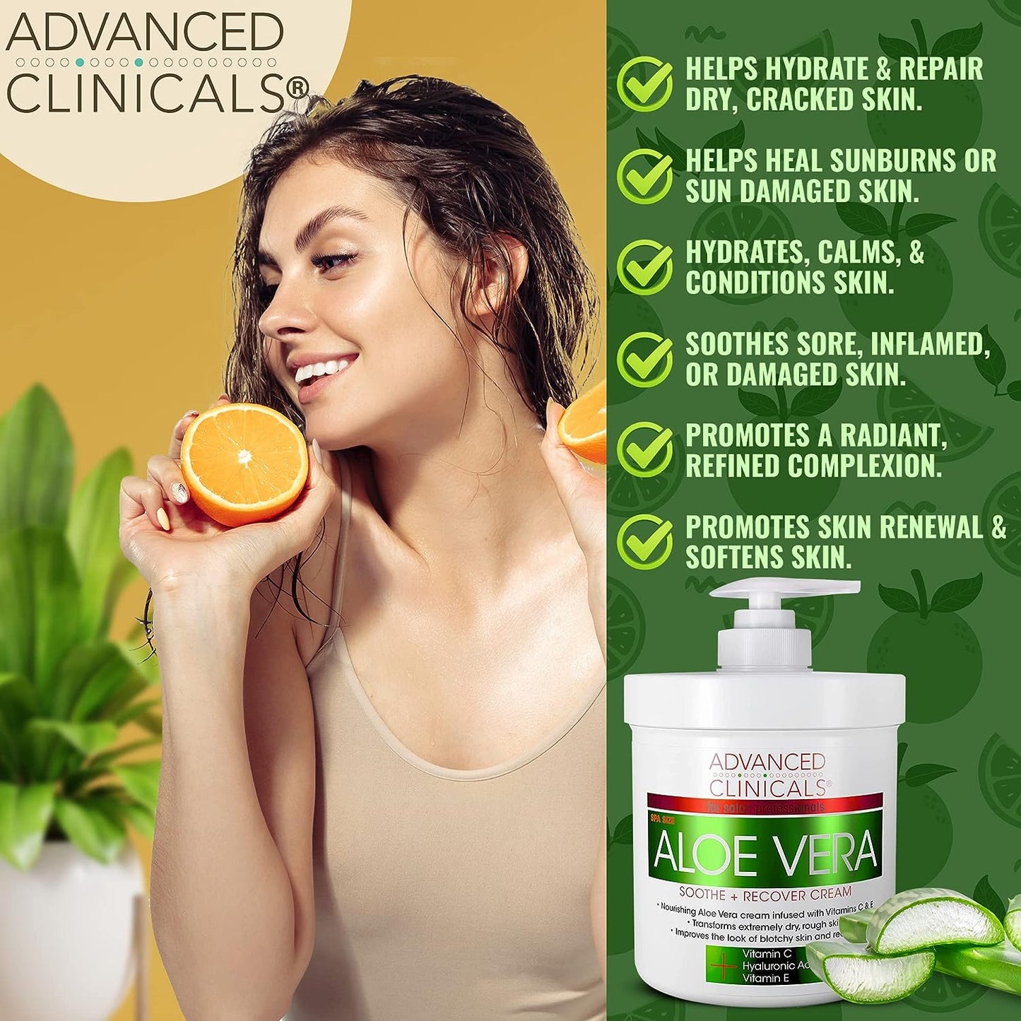 Advanced Clinicals Aloe Vera, Vitamin C & Hyaluronic Acid Face & Body Cream, Moisturizing Lotion for Dry & Sun-Damaged Skin, 16 Oz