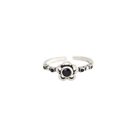 vintage black cz plum blossom flower 925 sterling silver adjustable ring