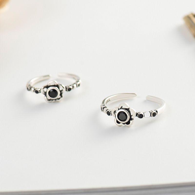 vintage black cz plum blossom flower 925 sterling silver adjustable ring