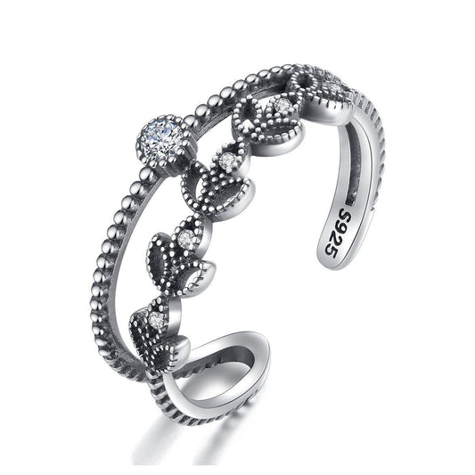 vintage cz hollow leaves double 925 sterling silver adjustable ring