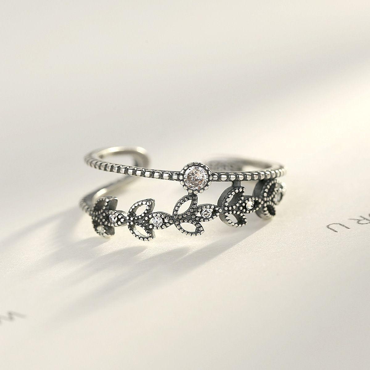 vintage cz hollow leaves double 925 sterling silver adjustable ring