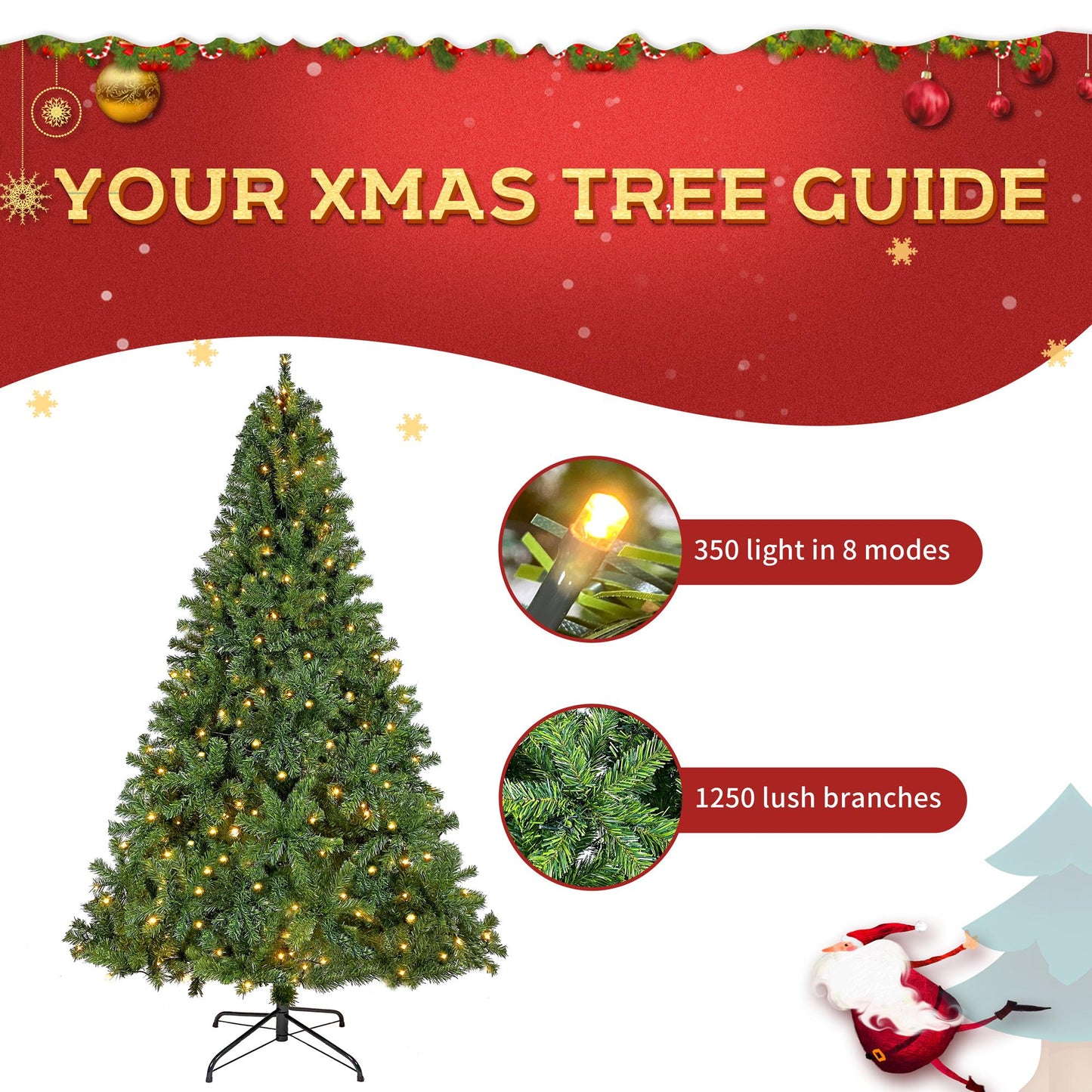 7.5ft Prelit Christmas Tree, Artificial Christmas Tree with 350 Warm White Lights and Metal Stand, 1250 Branch Tips Green Christmas Tree for Indoor Outdoor Home Holiday Decoration, TE1151