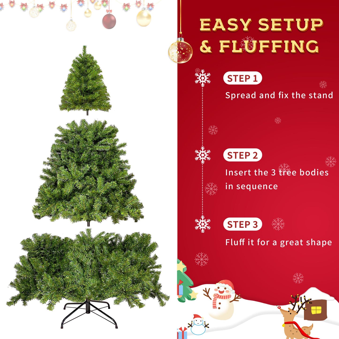 7.5ft Prelit Christmas Tree, Artificial Christmas Tree with 350 Warm White Lights and Metal Stand, 1250 Branch Tips Green Christmas Tree for Indoor Outdoor Home Holiday Decoration, TE1151