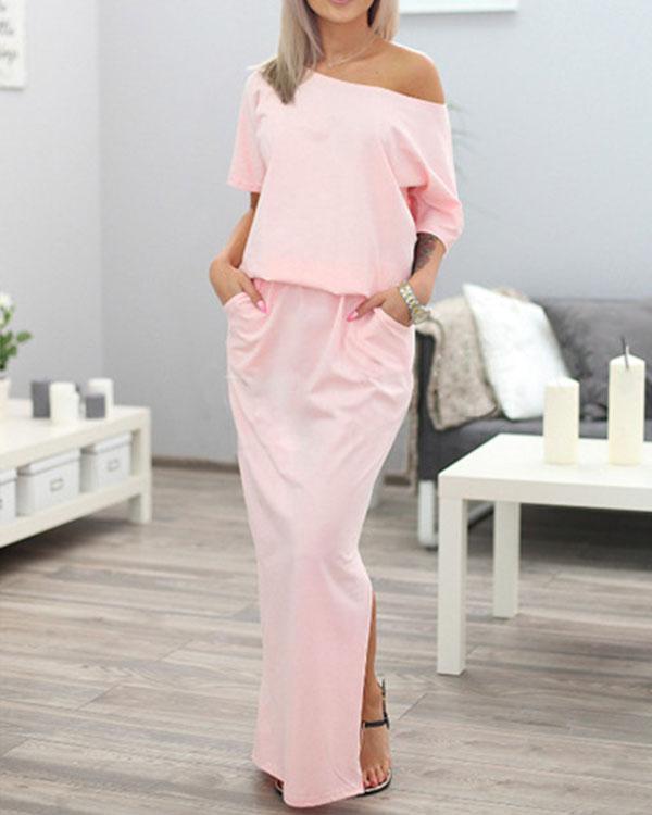 women side slit loose evening party long beach dress with pocket