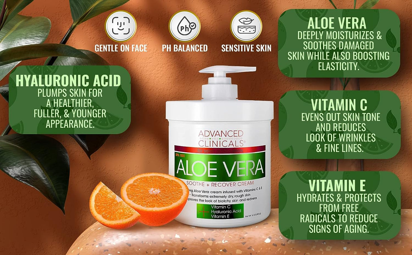 Advanced Clinicals Aloe Vera, Vitamin C & Hyaluronic Acid Face & Body Cream, Moisturizing Lotion for Dry & Sun-Damaged Skin, 16 Oz
