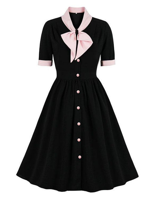 vintage contrast pink & black elegant button midi dress a-line dress