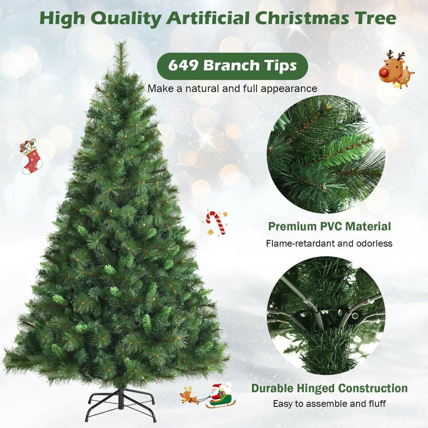 6ft Unlit Hinged PVC Artificial Christmas Tree w/ 649 Tips & Metal Stand