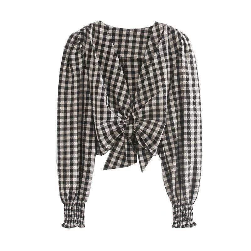 women vintage v neck plaid print shirts