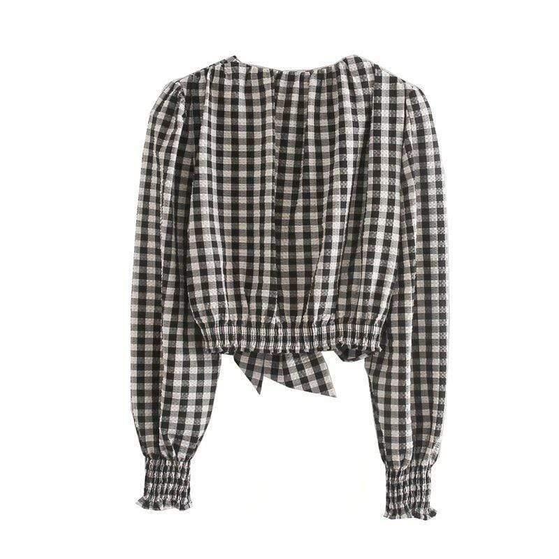 women vintage v neck plaid print shirts