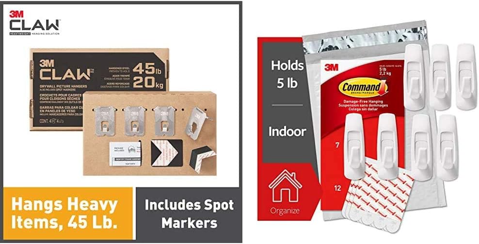 3M Claw Drywall Picture Hangers Holds 45 lb. & Command Large Utility Hooks, 7-Hooks, 12-Strips