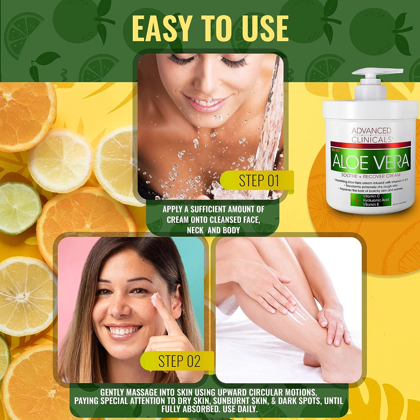 Advanced Clinicals Aloe Vera, Vitamin C & Hyaluronic Acid Face & Body Cream, Moisturizing Lotion for Dry & Sun-Damaged Skin, 16 Oz
