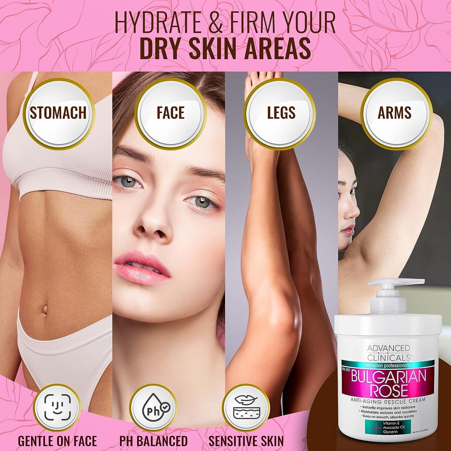 Advanced Clinicals Bulgarian Rose Anti Aging Rescue Cream Face & Body Moisturizing Skin Care Lotion, Skincare Moisturizer For Dry Skin, Age Spots, & Improving Skin Radiance, Large 16 Oz (Pack of 2)