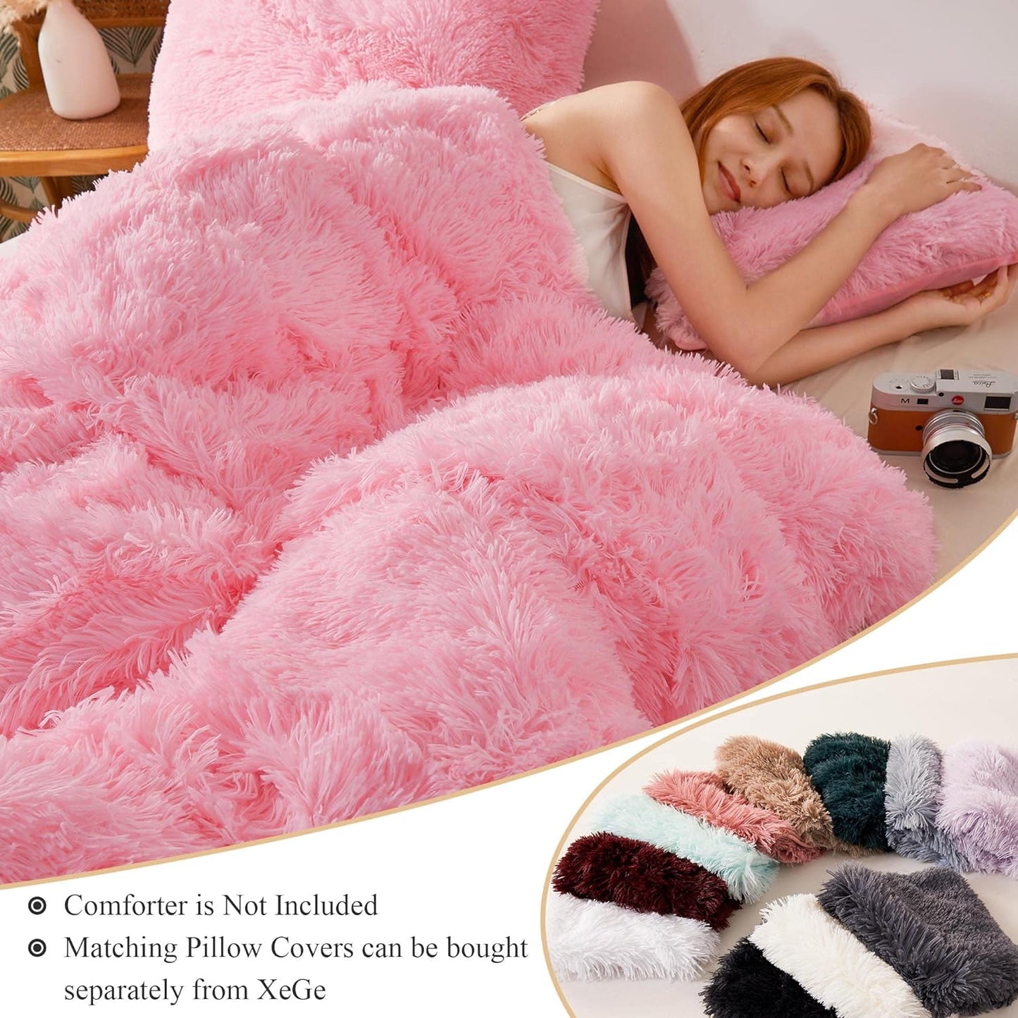XeGe Plush Shaggy Duvet Cover, Luxury Ultra Soft Crystal Velvet Fuzzy Bedding 1PC(1 Faux Fur Duvet Cover), Fluffy Furry Comforter Cover with Zipper Closure(Queen, Light Pink)