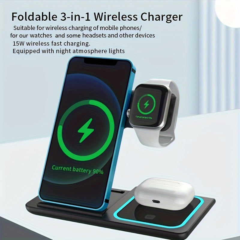 3 In 1 Fast Charging Station, Folding Wireless Charger Stand For 14,13,12,11/Pro/Max/Mini/Plus, X, XR, XS/Max, SE, 8/Plus, For IWatch 1-8, For Airpods 3/2/Pro