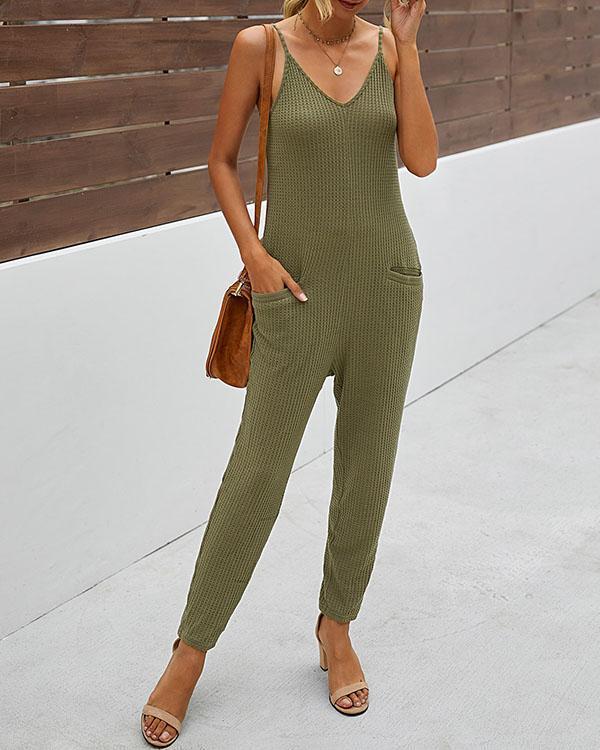 womens cotton casual spaghetti strap pockets jumpsuit overalls
