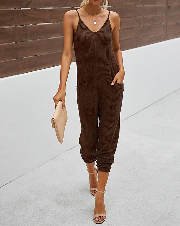 womens cotton casual spaghetti strap pockets jumpsuit overalls