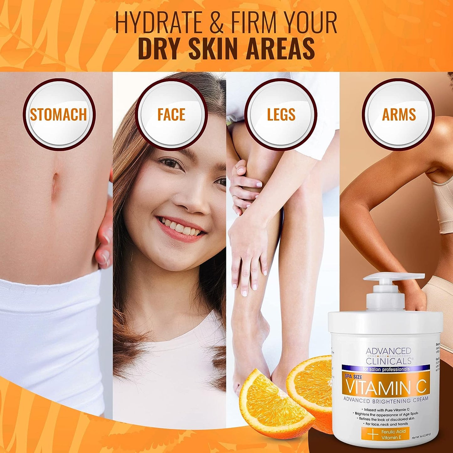 Advanced Clinicals Vitamin C & Manuka Honey Moisturizer Set - Anti Aging Body & Face Creams for Dry Skin, Wrinkles, 16 Oz (2-Pack)