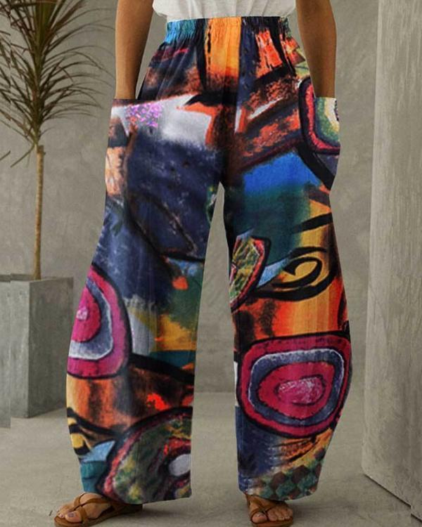 women cotton linen pocket abstract art printing pants