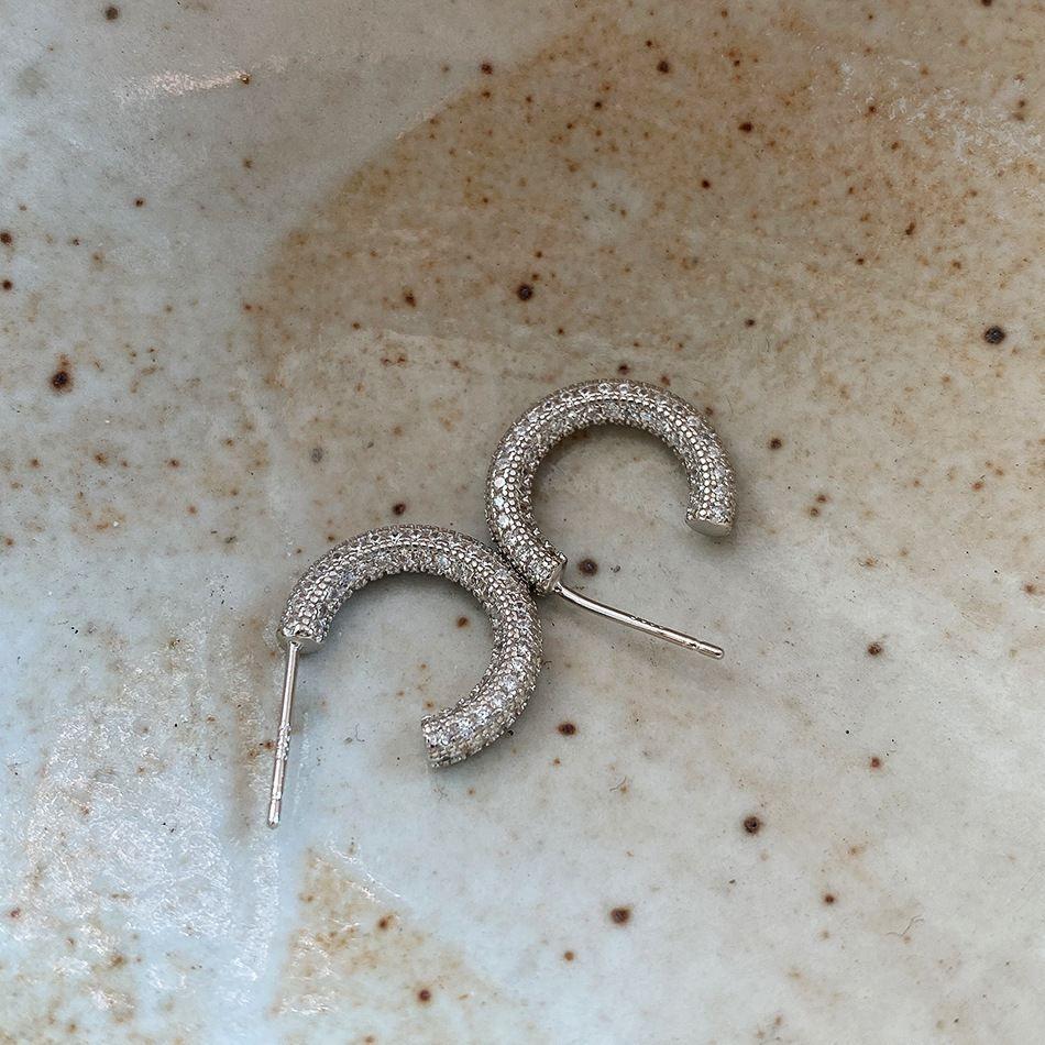 women cz c shape circle 925 sterling silver hoop earrings