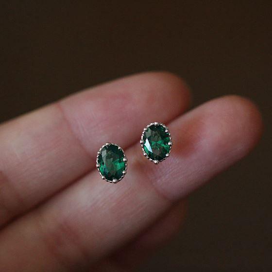 vintage cake side emerald green oval cz 925 sterling silver stud earrings