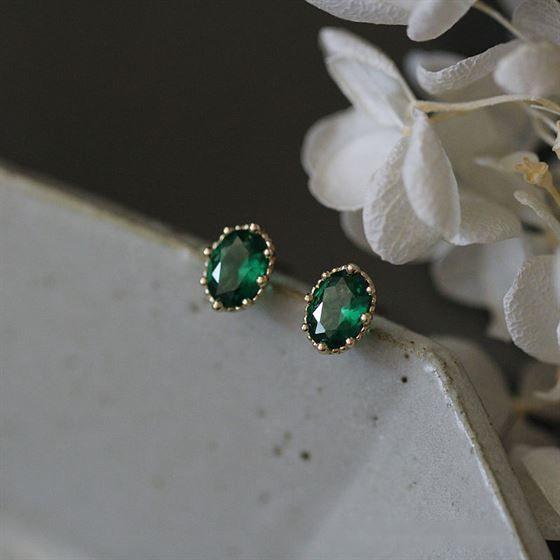 vintage cake side emerald green oval cz 925 sterling silver stud earrings