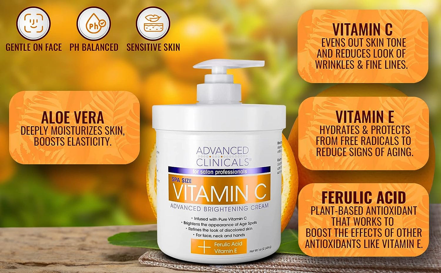 Advanced Clinicals Vitamin C Face & Body Cream Moisturizing Skin Care Lotion, Anti Aging Vitamin C Skincare Moisturizer For Body, Face, Age Spots, Wrinkles, & Sun Damaged Skin, Large 16oz (2-Pack)