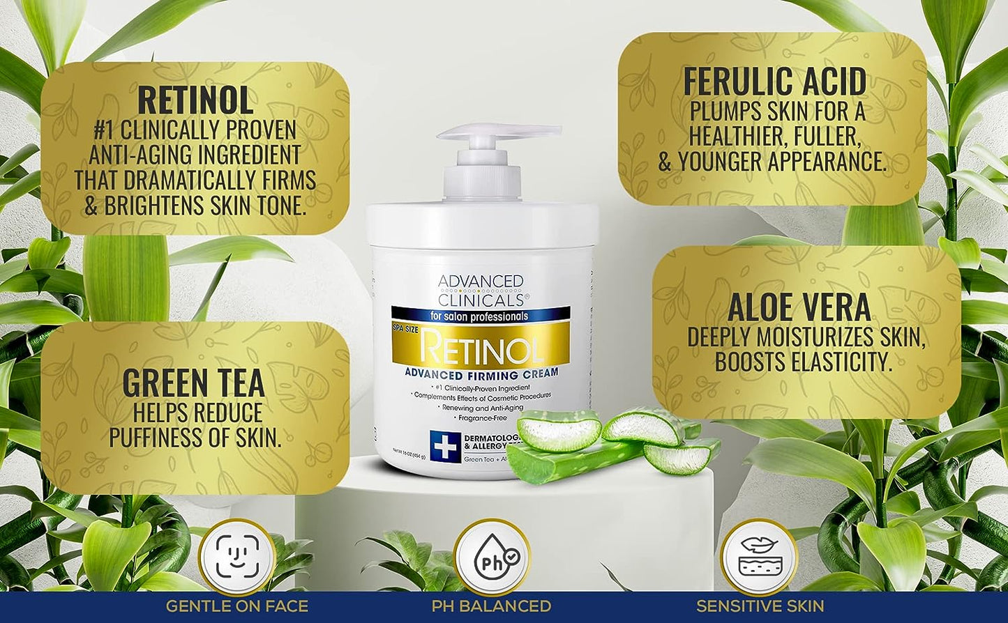 Advanced Clinicals Retinol Body Cream & Collagen Body Lotion Skin Care Set. Anti-Aging Body & Face Moisturizing Creams Repair Wrinkles, Fine lines, & Firm Sagging Skin. 16 Oz (2-Pack Bundle)