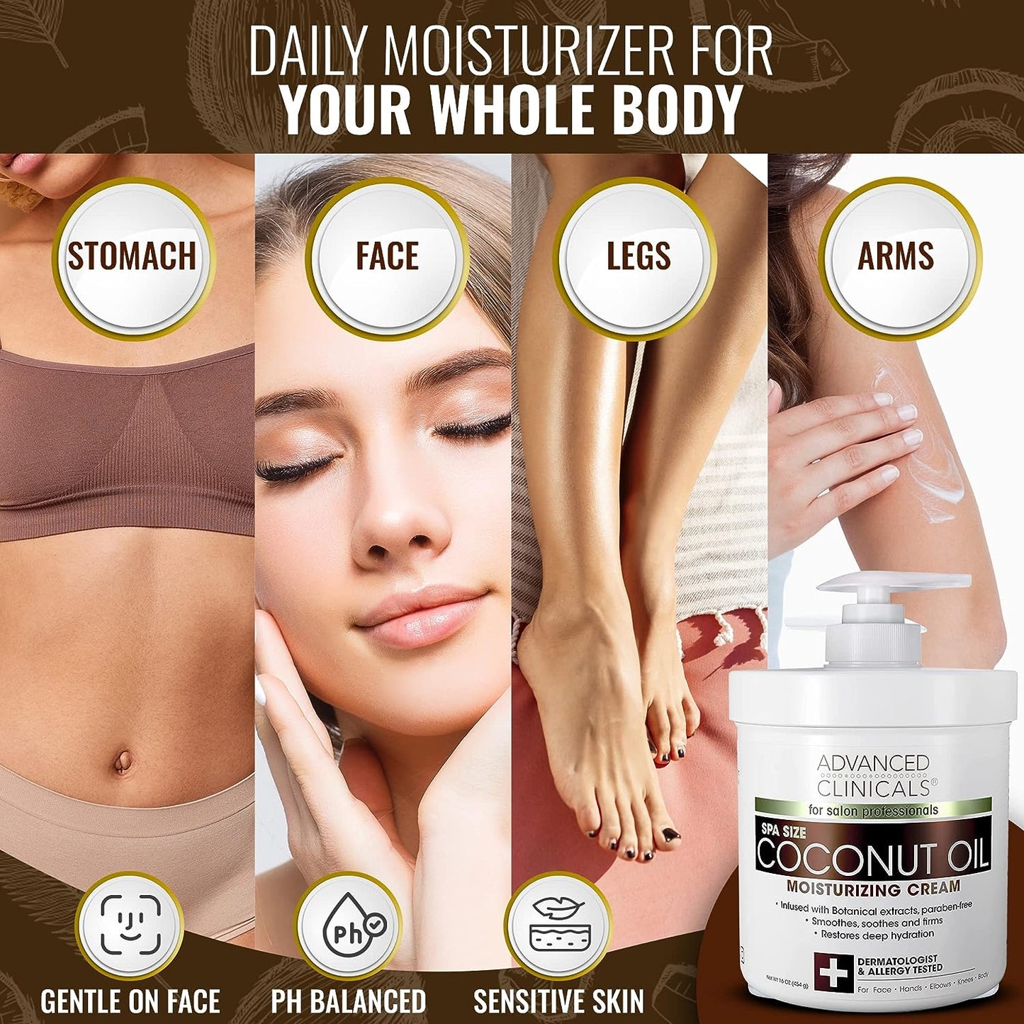 Advanced Clinicals Coconut Body Lotion Moisturizing Cream & Face Lotion | Coconut Oil Lotion For Women & Men | Natural Coconut Cream Moisturizer Body Butter Skin Care Balm For Dry Skin, Large 16 Oz