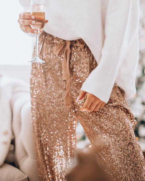 women sparkle sequins drawstring high waist fashion trousers(2 colors)