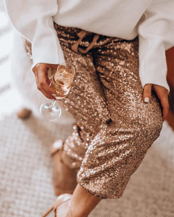 women sparkle sequins drawstring high waist fashion trousers(2 colors)