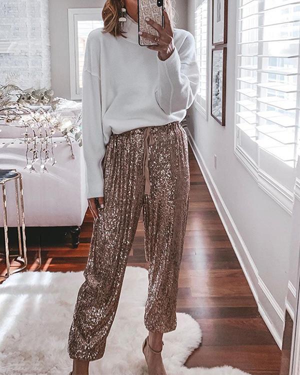 women sparkle sequins drawstring high waist fashion trousers(2 colors)
