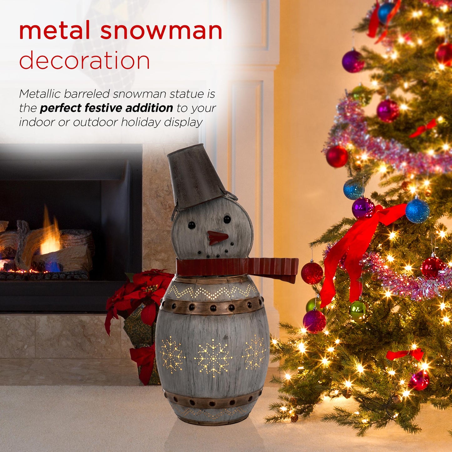 Alpine Corporation Metallic Barreled Snowman With Warm White LED Lights