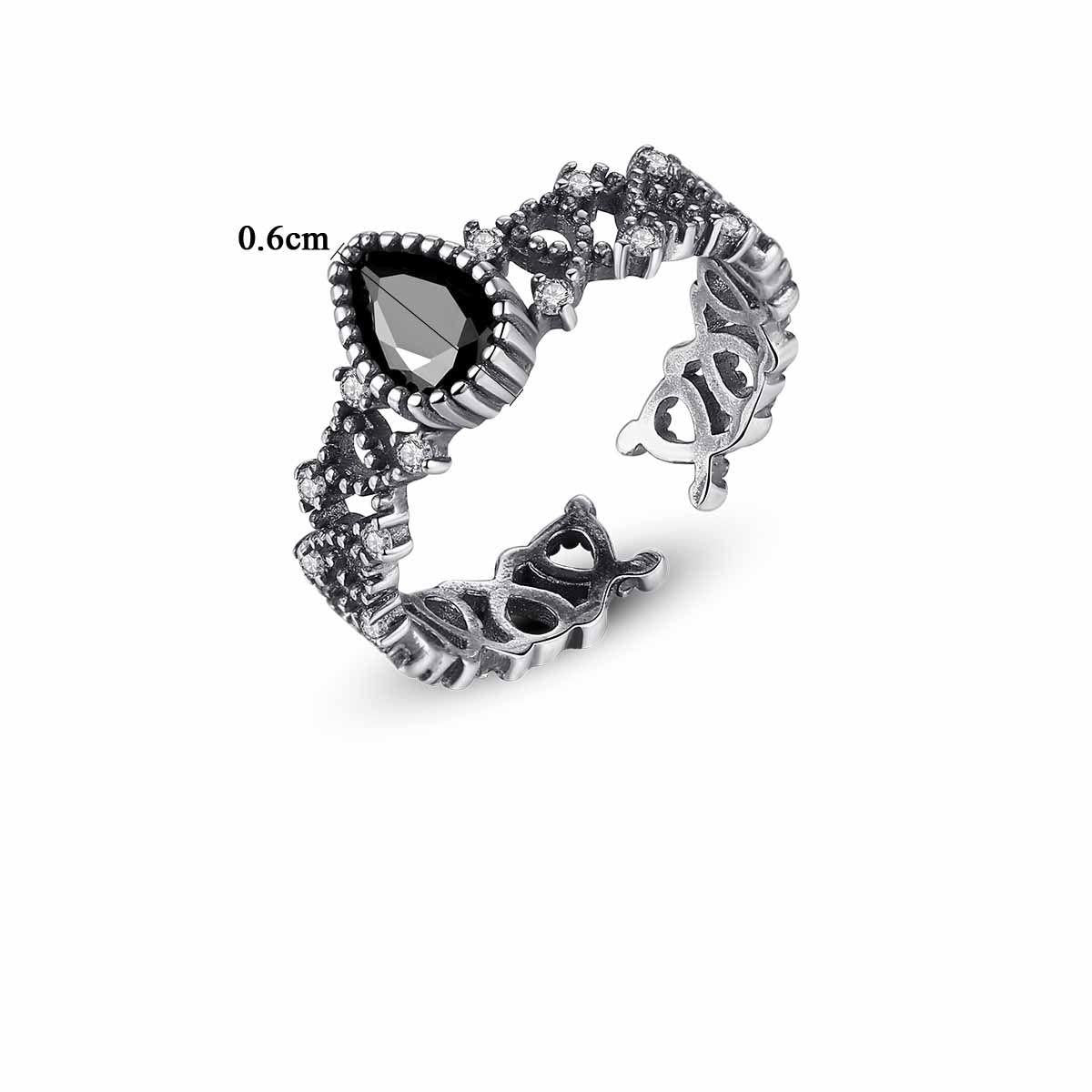 vintage waterdrop black cz hollow 925 sterling silver adjustable ring