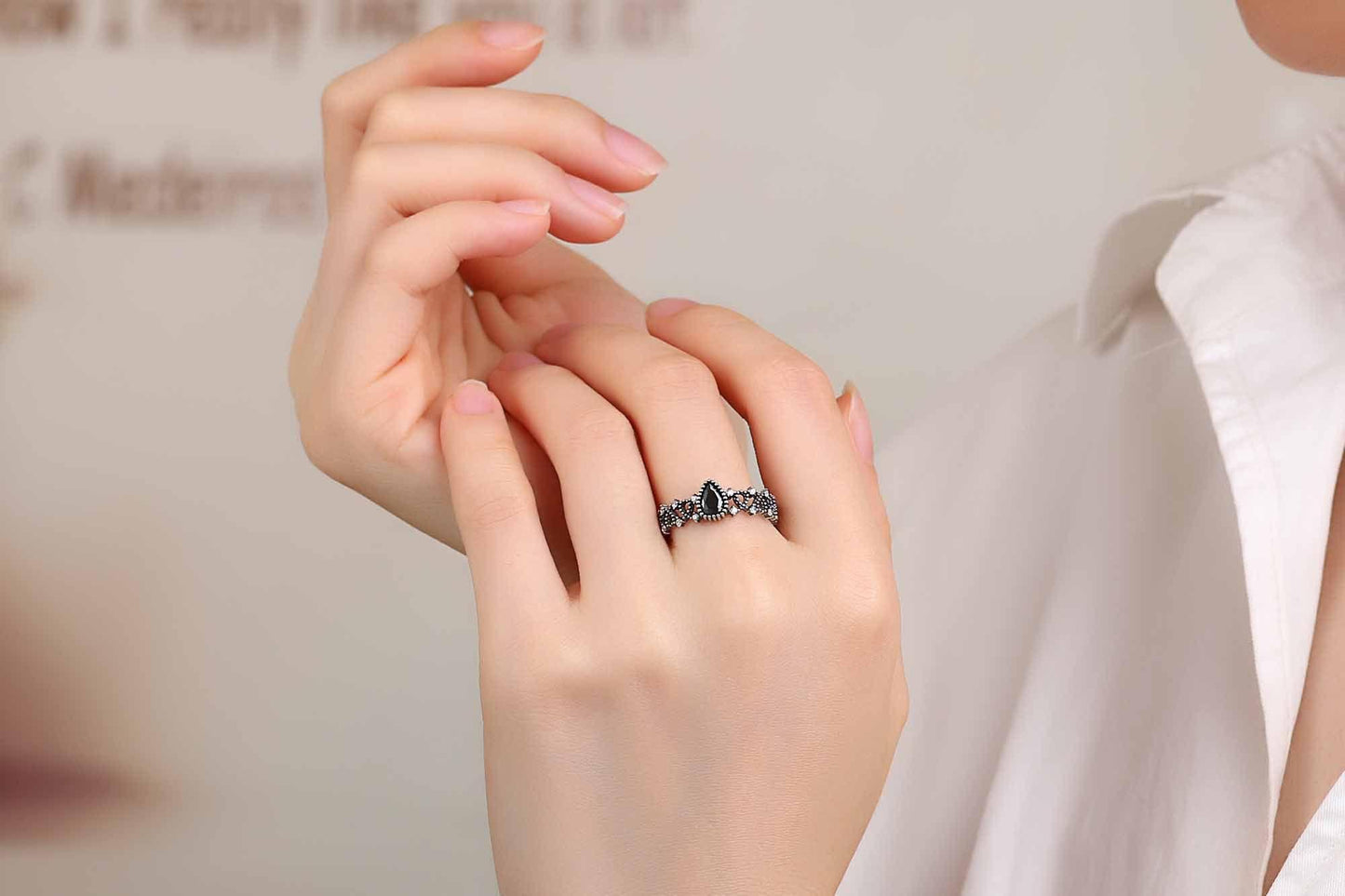 vintage waterdrop black cz hollow 925 sterling silver adjustable ring