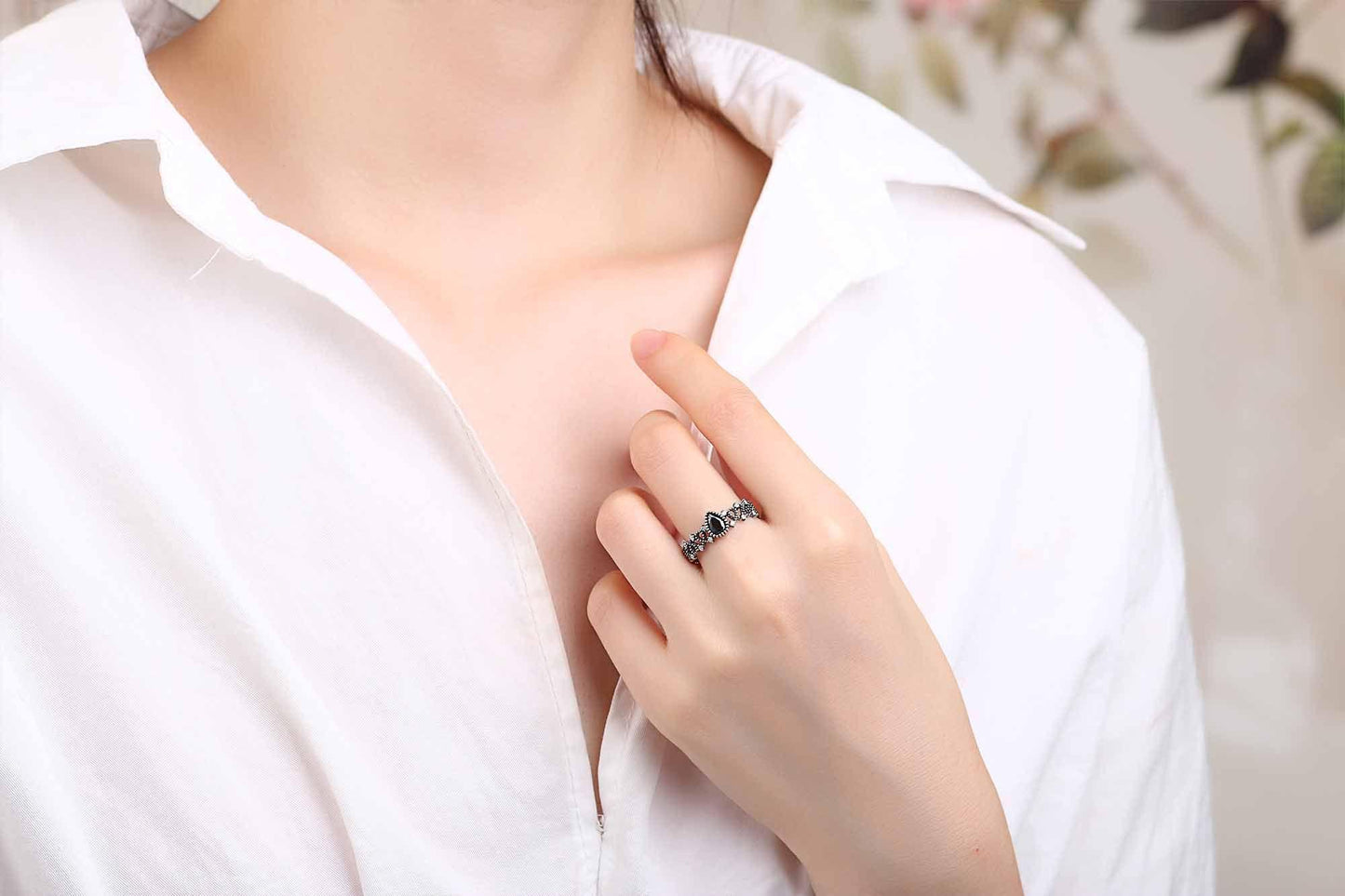 vintage waterdrop black cz hollow 925 sterling silver adjustable ring