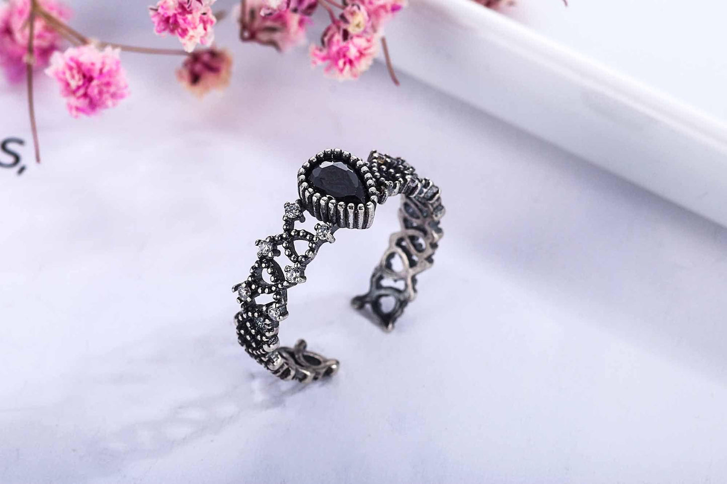 vintage waterdrop black cz hollow 925 sterling silver adjustable ring