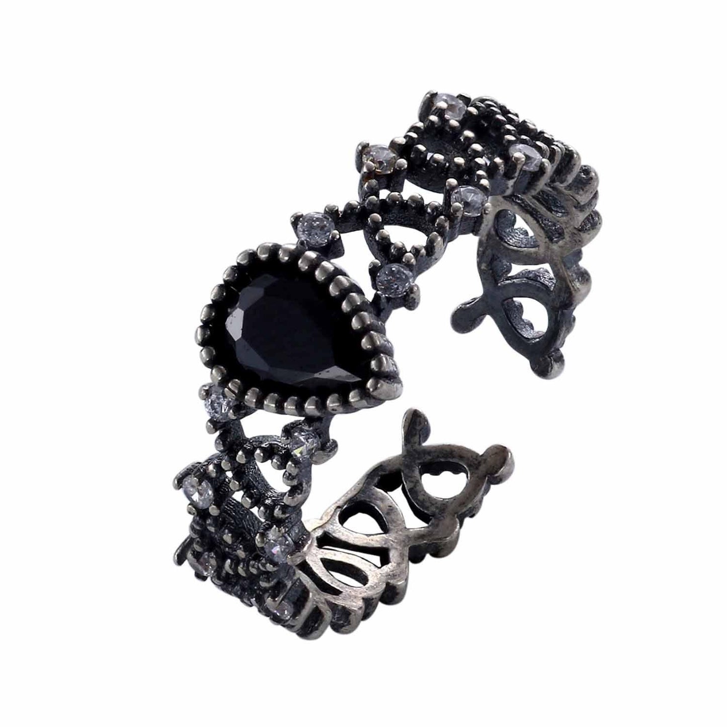 vintage waterdrop black cz hollow 925 sterling silver adjustable ring