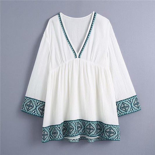 vintage patchwork puff sleeve loose embroidery blouse
