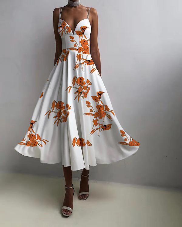women elegant open back print christmas party dress sling maxi swing dress